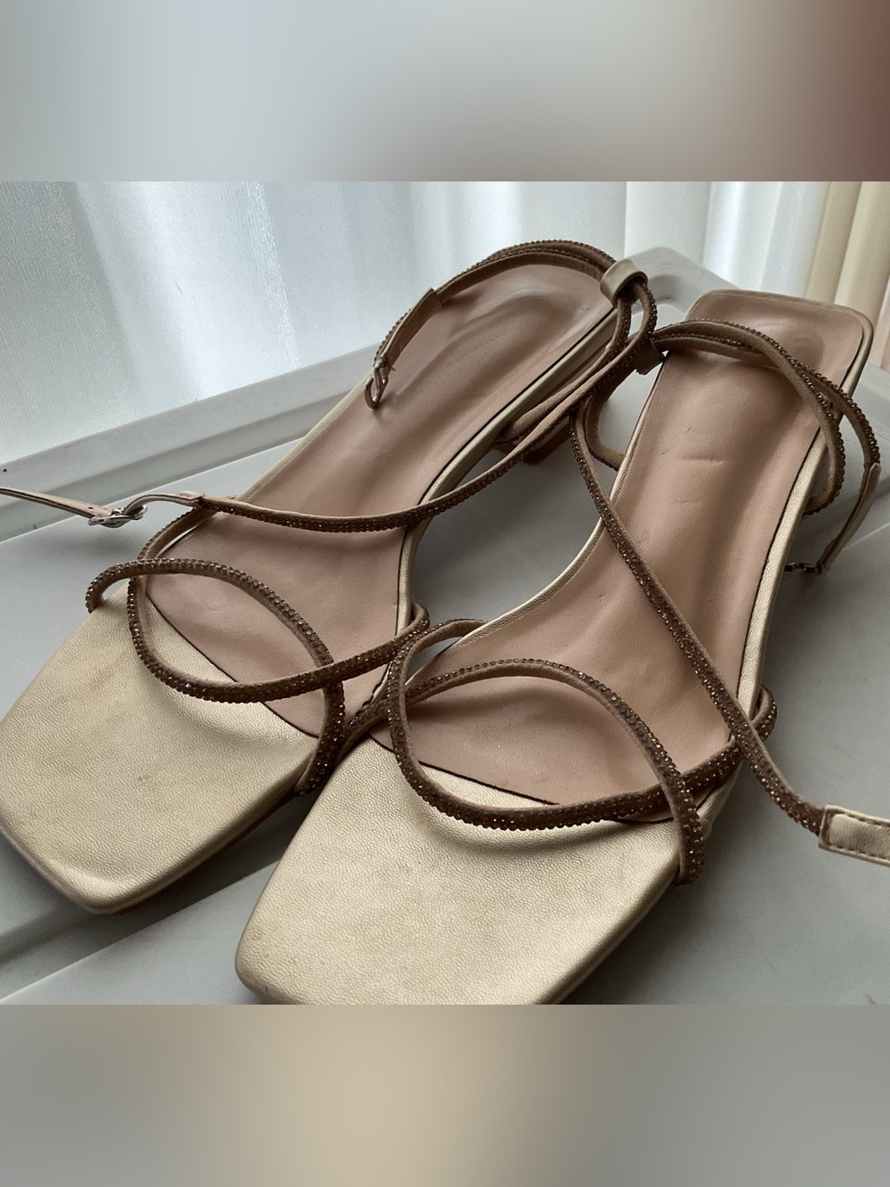 Gold Strappy Low Heel Sandals